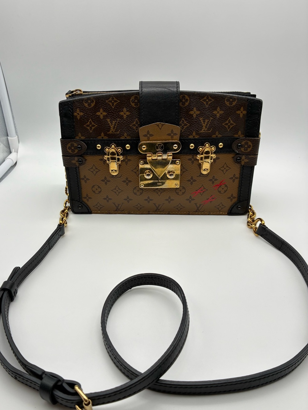 Louis Vuitton Brown reverse Monogram Trunk clutch crossbody  Bag with COA